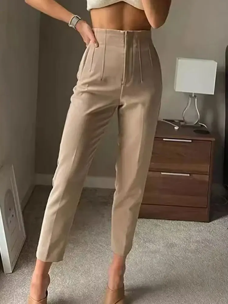HH Women Elegant Fashion Pencil Pants Vintage Solid Color Trousers For Women Slim High Waist Zipper Fly Office Lady Pants