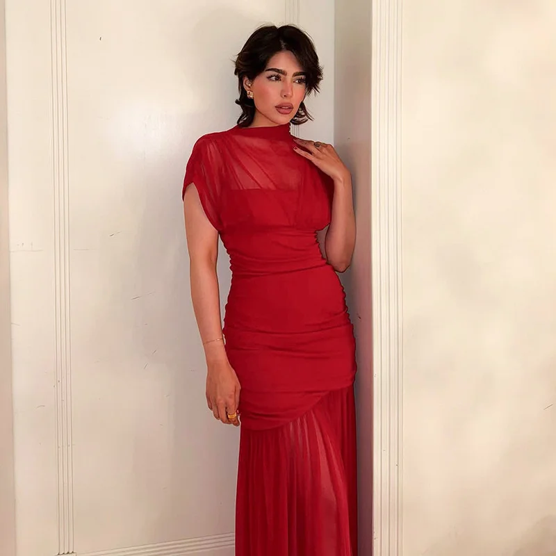 Blifanbo Mesh Short Sleeve Sexy Maxi Dress For Women Elegant High Waist Fashion Patchwork Summer Sexy Slim Club Party Long Dress picture