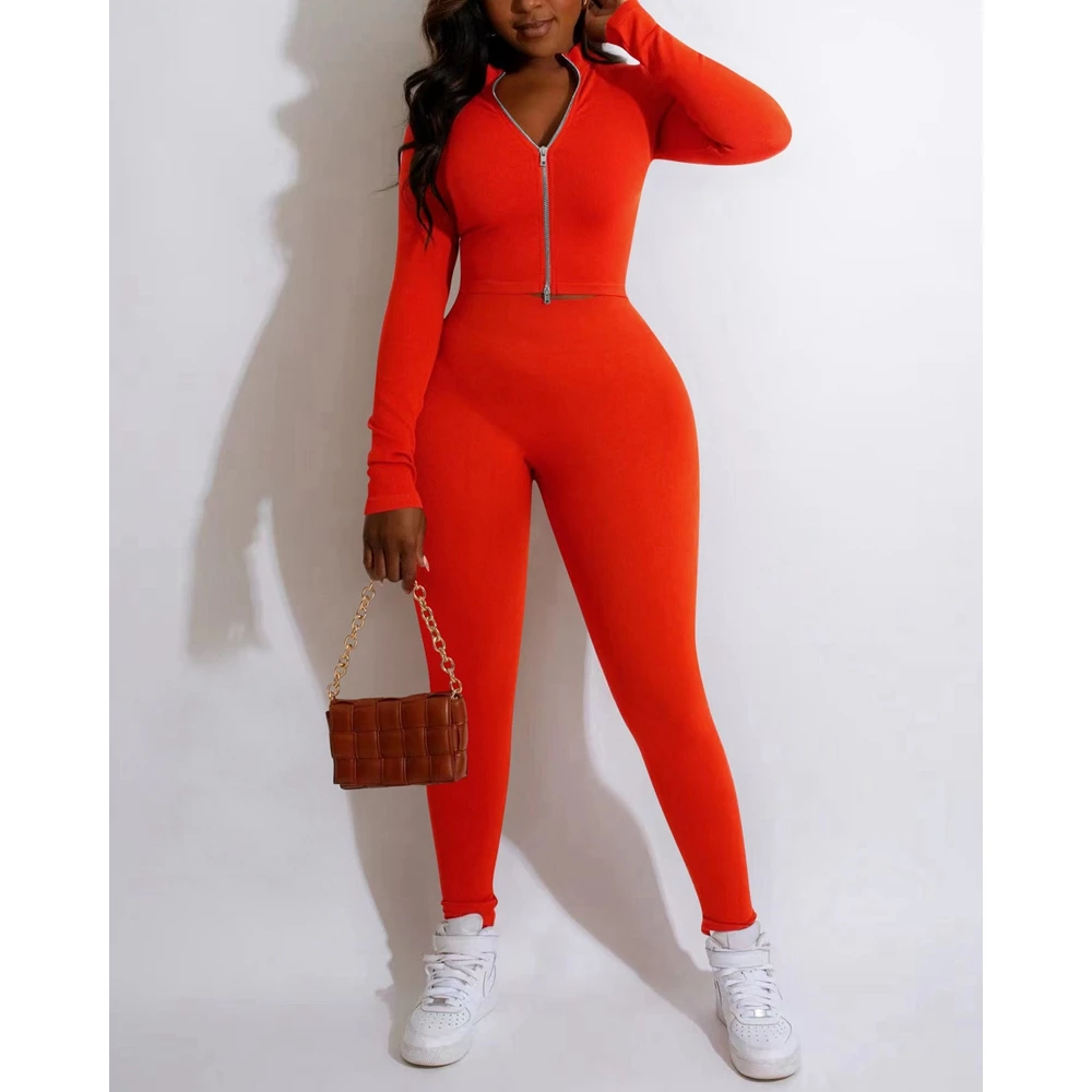 Casual Zipper Design Long Sleeve Top & Skinny Pants Set Women Slim Fit Sporty 2-Piece Suit Set Summer Spring Fashion Outfits
