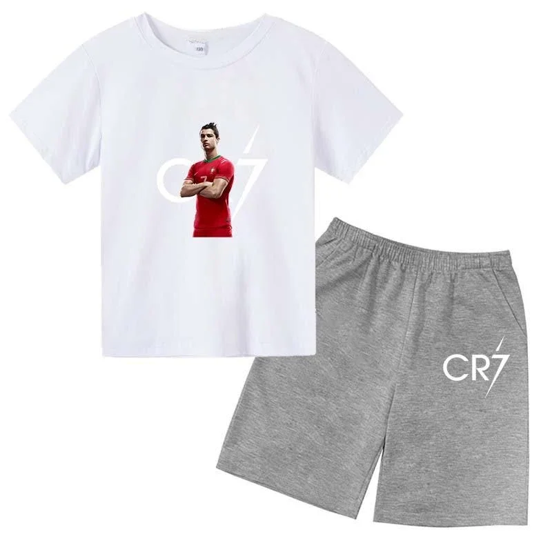 thumbnail image 1 of Conjuntos deportivos CR7 de moda de verano para niños de 2 a 14 años, 2 piezas, camisetas y pantalones casuales de manga corta, ropa de ídolo para niños, 1 of 5