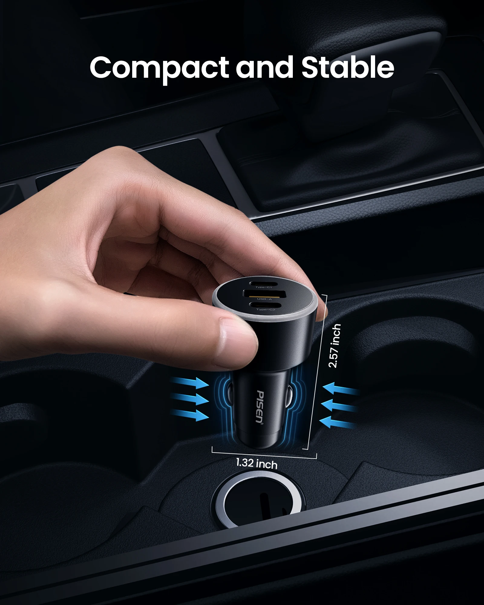 PISEN Car Charger 60W 3-Port USB C Fast Charging