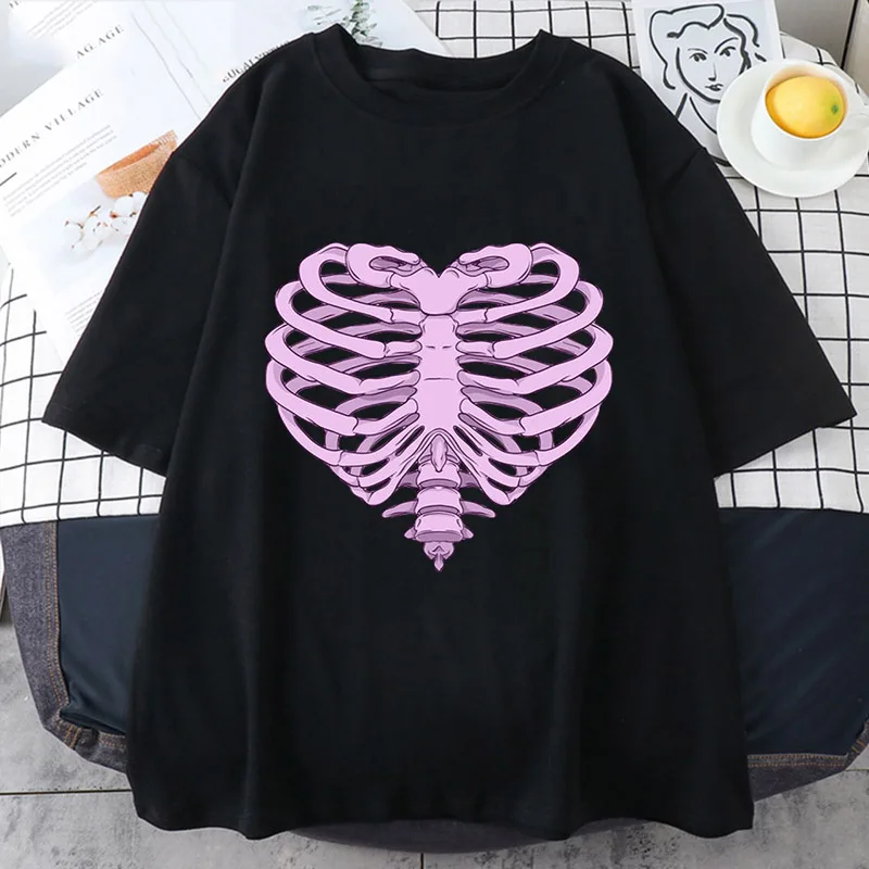 

Women Aesthetic Punk Love Skeleton T Shirt Summer Short Sleeve T-shirts Harajuku Y2K Oversized Top Streetwear Vintage Shirt