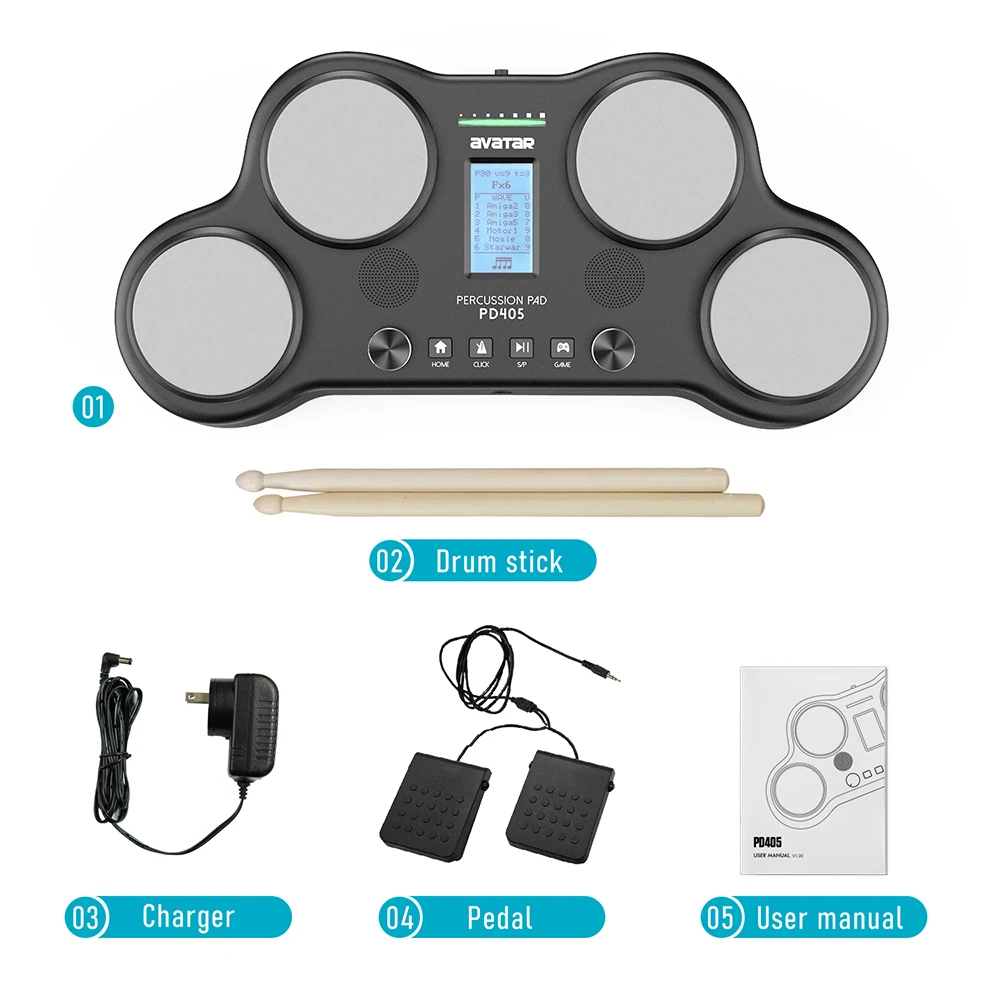 PD405 Percussion Pad With Educational Games, Vivid Sounds, Include 2 Pedals and Drum Sticks, Black