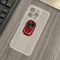 Enhanced Silicone Case with Finger Ring and Bracket for Smartphones - Soft TPU Protective Cover (Transparent C Red)
