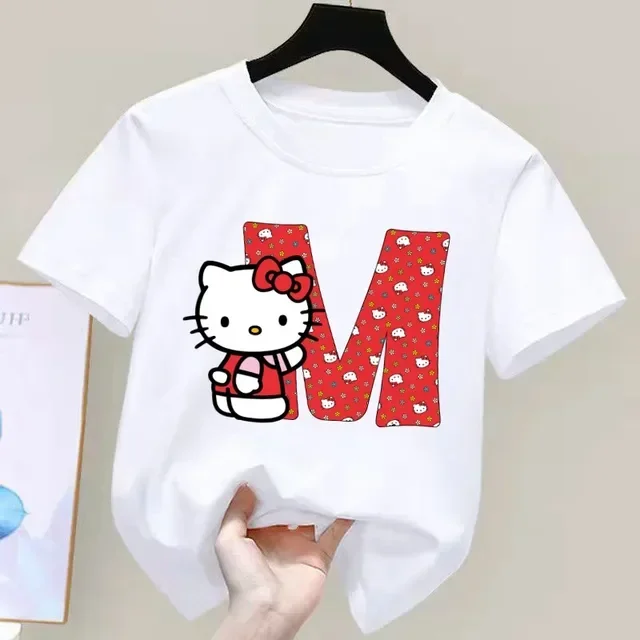 thumbnail image 1 of Camiseta de manga corta de algodón para niños con letras de la A a la Z de Hello Kitty Anime, camiseta suave de Sanrio Summer Girly Heart, regalo de cumpleaños kawaii, 1 of 5