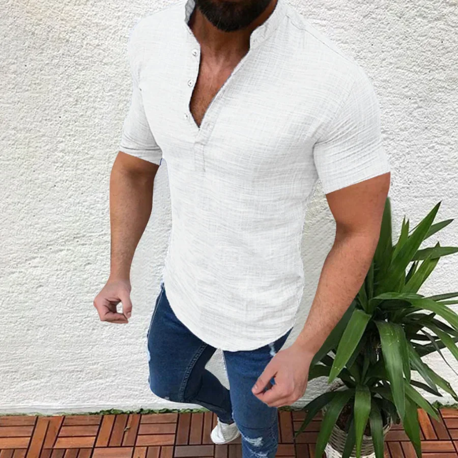 New Men's Summer Casual Cotton Line Shirts Solid Stand Collar V-neck Loose Short Sleeve Shirts Male T Shirt Camisas Top