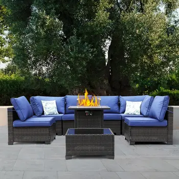 8-Piece Wicker Patio Set with Fire Pit 1