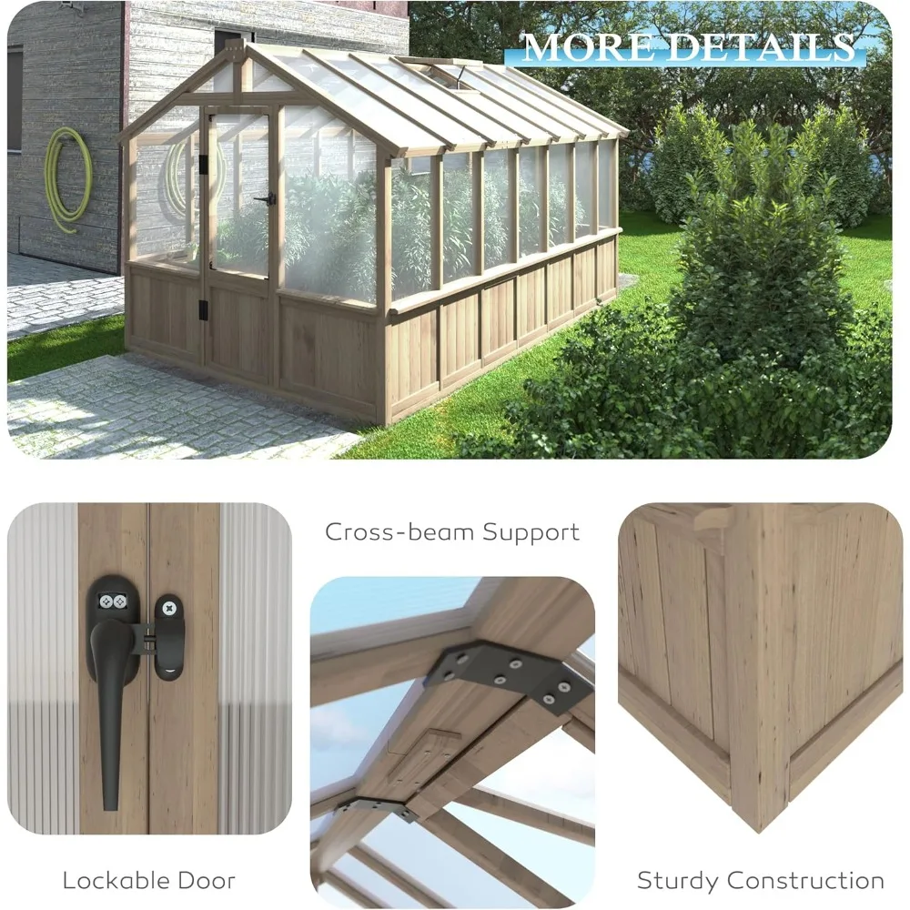8' x 14' Wooden Greenhouse for Outdoor, Heavy Duty Green House with Ventilated Window and Lockable Door, Walk-in Greenhouse 3