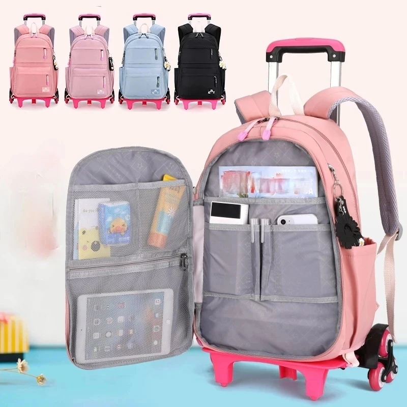 

Kids Orthopedic School Bag With Wheels Waterproof Primary Student Backpack Travel Bagpack for Teenage Girls Trolley Schoolbags