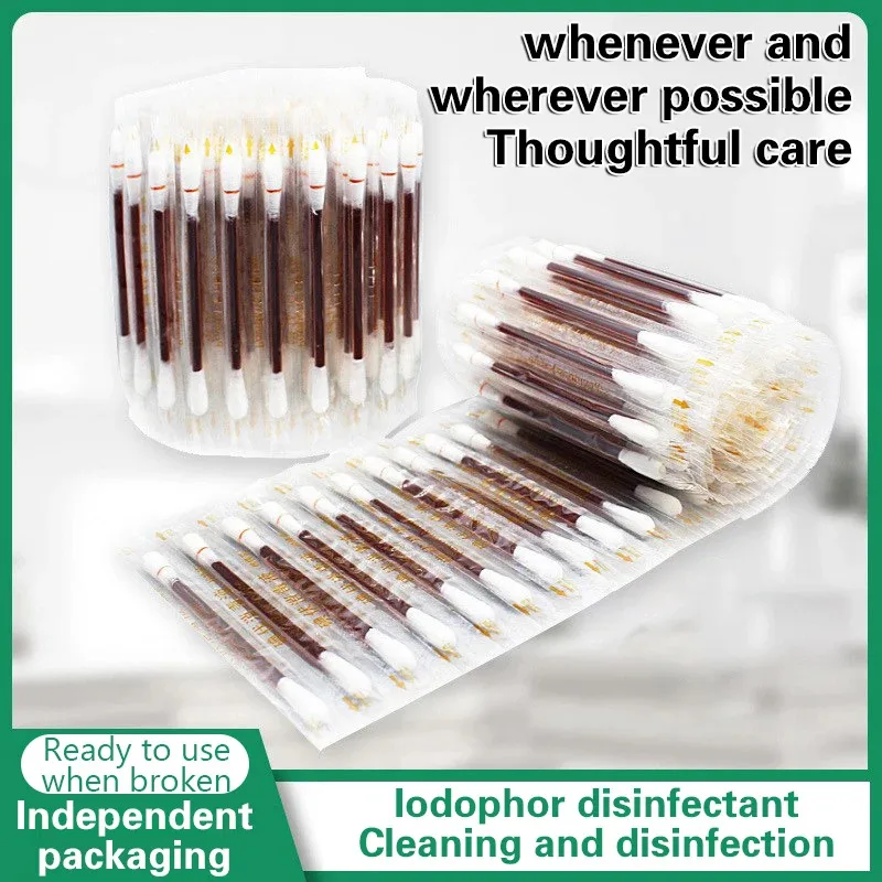 Disposable Medical Iodine Cotton Stick 50pcs/lot Disinfected Cotton Swab Iodine Climbing Aid First Aid Safety Survival Supplies