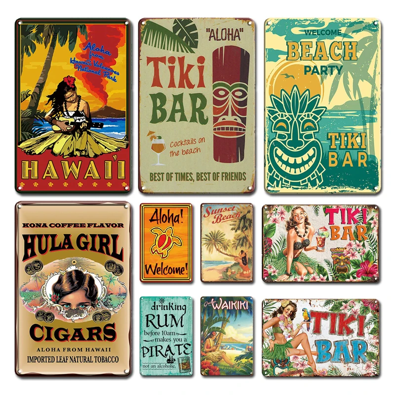 Tiki Bar Aloha Tin Poster Sign Beach  Hawaii Luau Party Man Cave Vintage Style 1 