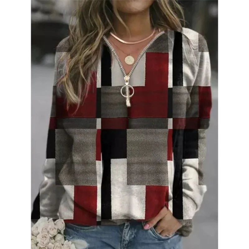 

Autumn Women Sweatshirts Loose Casual V Neck Zipper Long Sleeve Plaid Top Pullover Streetwear Ladies Fashion Hip-hop Hoodies Y2k
