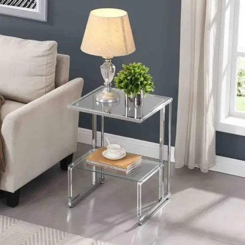 

Chrome Acrylic Side Table, 2-Tier Glass End Table, C-Shape Nightstand, Metal Frame Small Coffee Table, 23.8" H Bedside Tabl