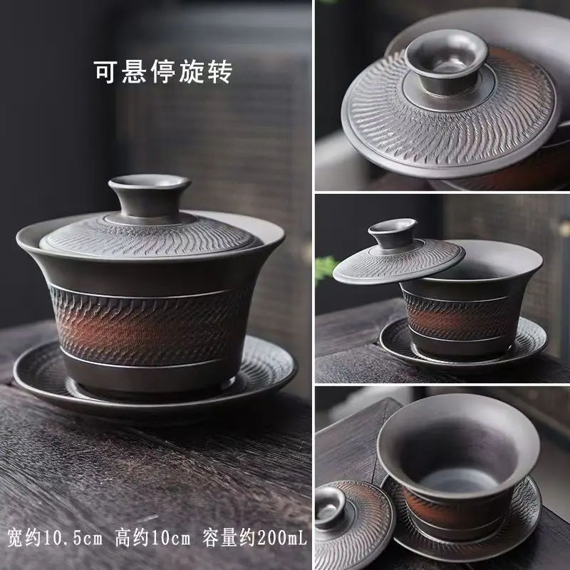 Jianshui Purple Pottery Gaiwan Ceramic Handmade Household Kung Fu Tea Set Tea Bowl Cup