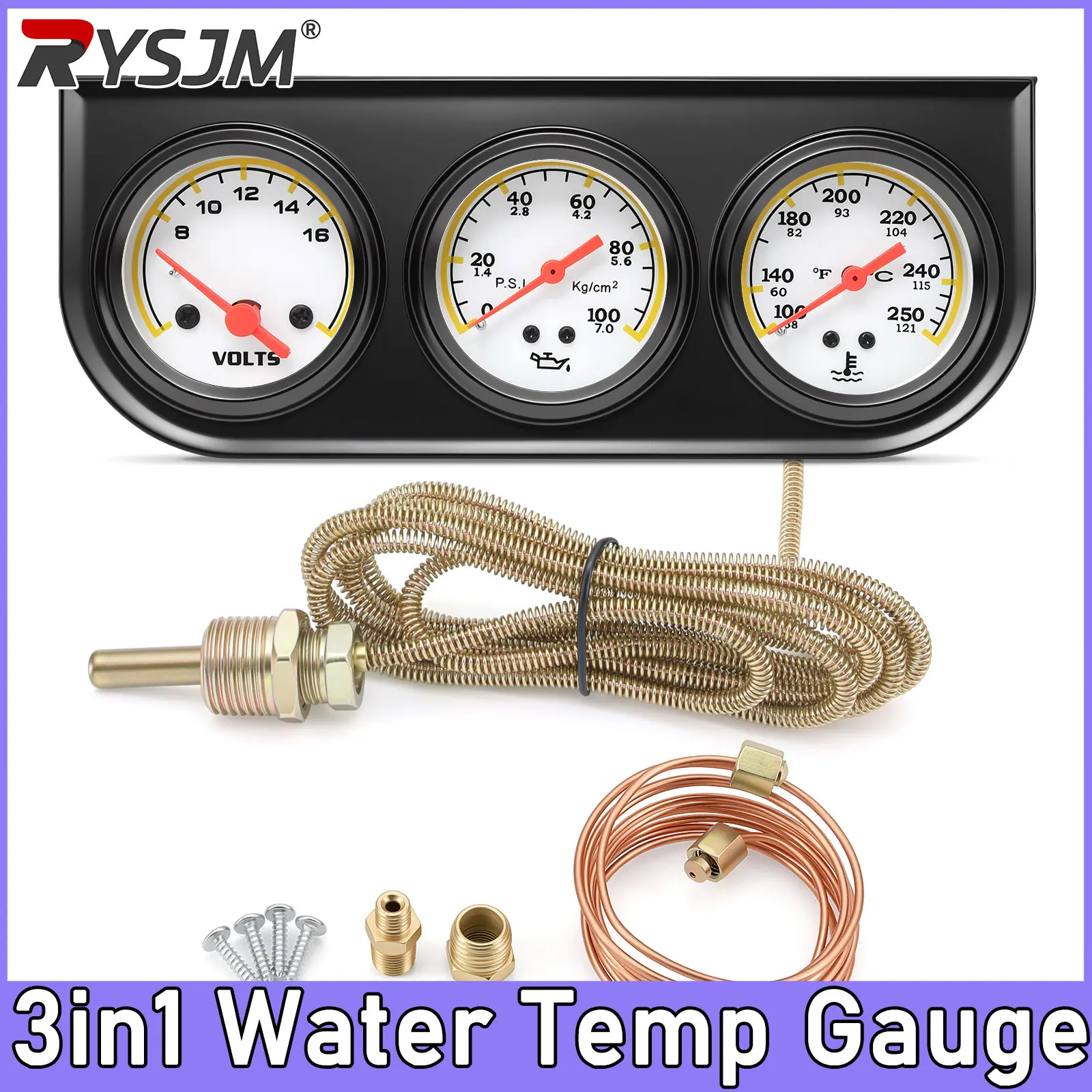 3 in 1 수온계 52MM 오일 압력계 전압계(8-16V) 12V 키트 자동차 기계식 트리플 게이지(센서 21MM 포함)