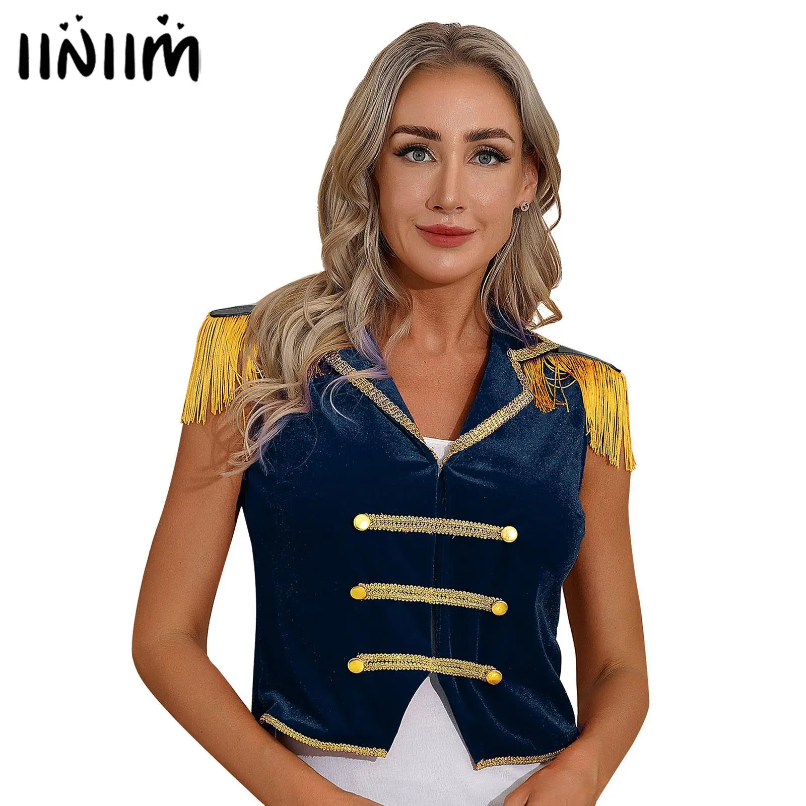 

Womens Circus Ringmaster Role Play Tops Halloween Cosplay Costume Lapel Sleeveless Velvet Waistcoat Irregular Hem Button Vest