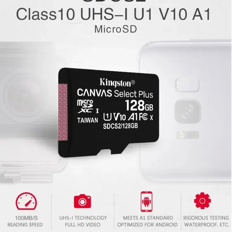 Kingston 휴대폰용 메모리 카드, 마이크로 SD TF, 128GB, 32GB, 64GB, U1 V10 A1, 마이크로 SD, SDCS2, 100Mb, 읽기 속도 클래스 10 플래시