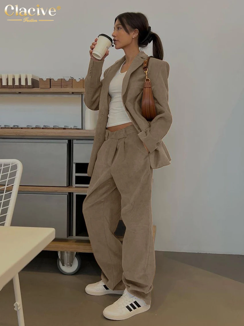 

Clacive Winter Long Sleeve Blazer 2 Piece Sets Women Fashion Loose Brown Pants Set Elegant High Waist Wide Trousers Suits Female
