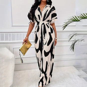 One Piece Suit Jumpsuit  For Women 2024 Summer High Waist Sexy Short Sleeve Playsuit Outfit Slim Fit Loose Wide Leg Long Pants 1