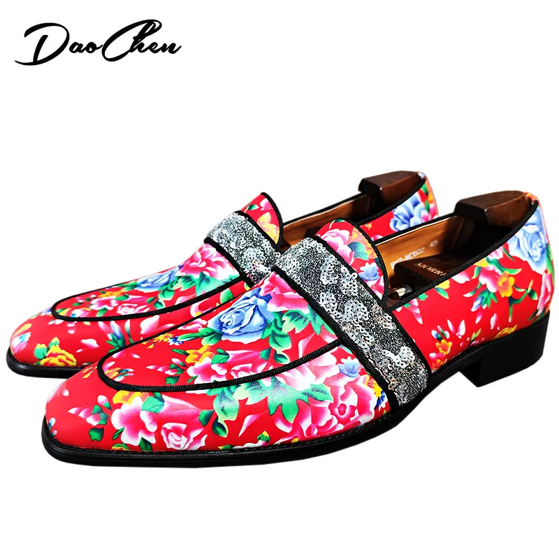 Luxury Men Loafers Shoes Fashion Trends Flower Print Casual Dress Mens Shoes Party Wedding Banquet Leather Shoes For Men