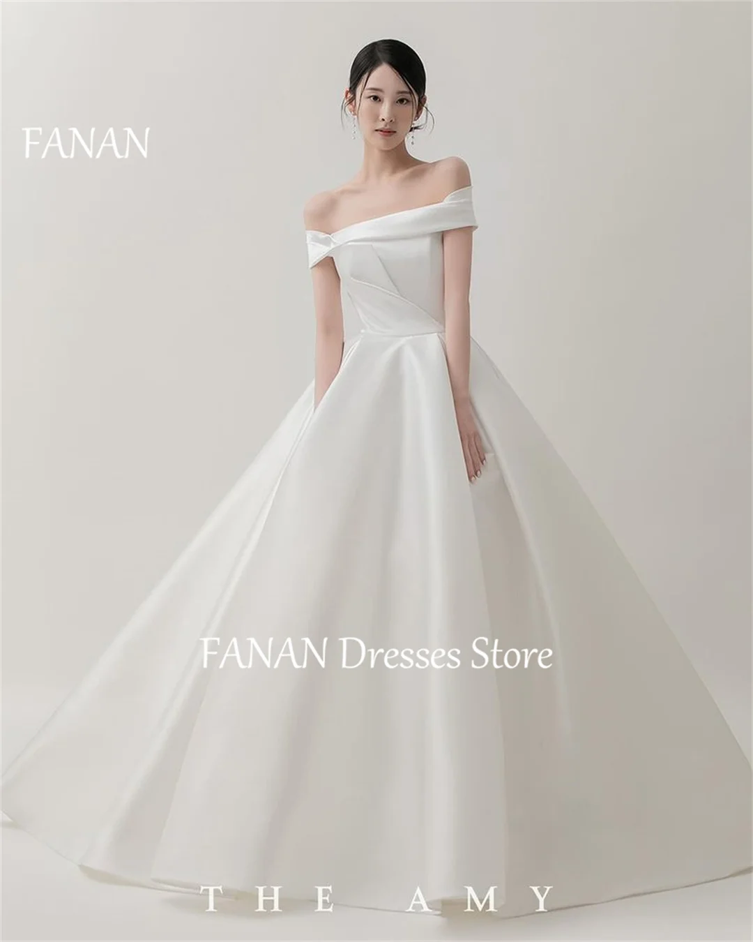 

FANAN Korea Off the Shoulder Wedding Dresses A-Line 웨딩드레스 Ivory Short Sleeves Satin Custom Made Vintage Bride Gowns Plus Size