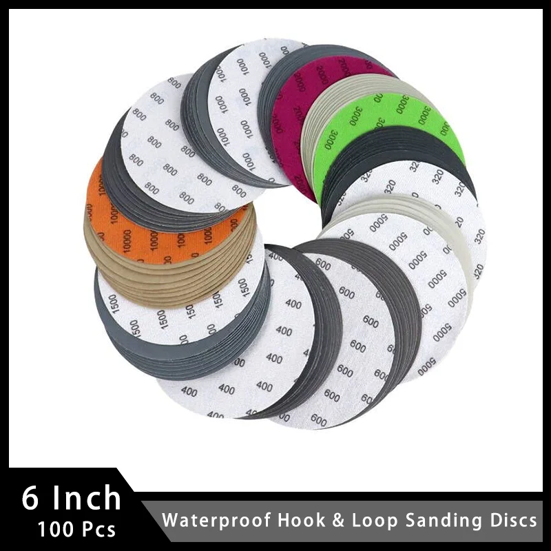 6인치 100개 고성능 방수 훅앤루프 샌딩 디스크 150mm 320-10000 다양한 입자 크기의 습식/건식 그라인더 연마용