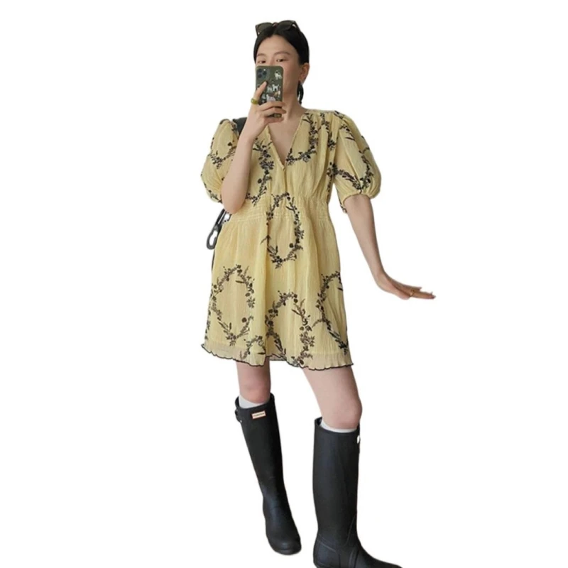 

New 2024 Yellow Print Retro Dress Women Puff Sleeves Chiffon Loose Mini Dress Female High Street Fashion Short Dress Vestidos