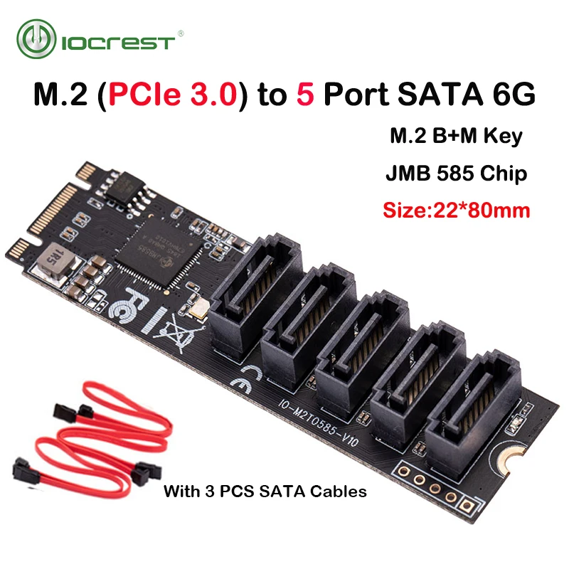 IOCREST M.2 (PCIe 3.0) to 5 Ports SATA III 6G SSD Adapter with SATAIII  Cable support UEFI PCIe Gen3x2 Non-RAID Jmb 585 chip