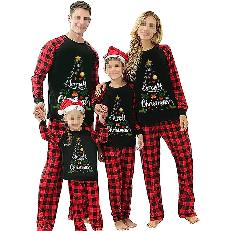 thumbnail image 2 of Conjunto de pijamas familiares navideños Blotona 2023 a juego, camiseta de manga larga con estampado de letras y pantalones a cuadros, ropa de dormir para estar en casa, 2 of 5