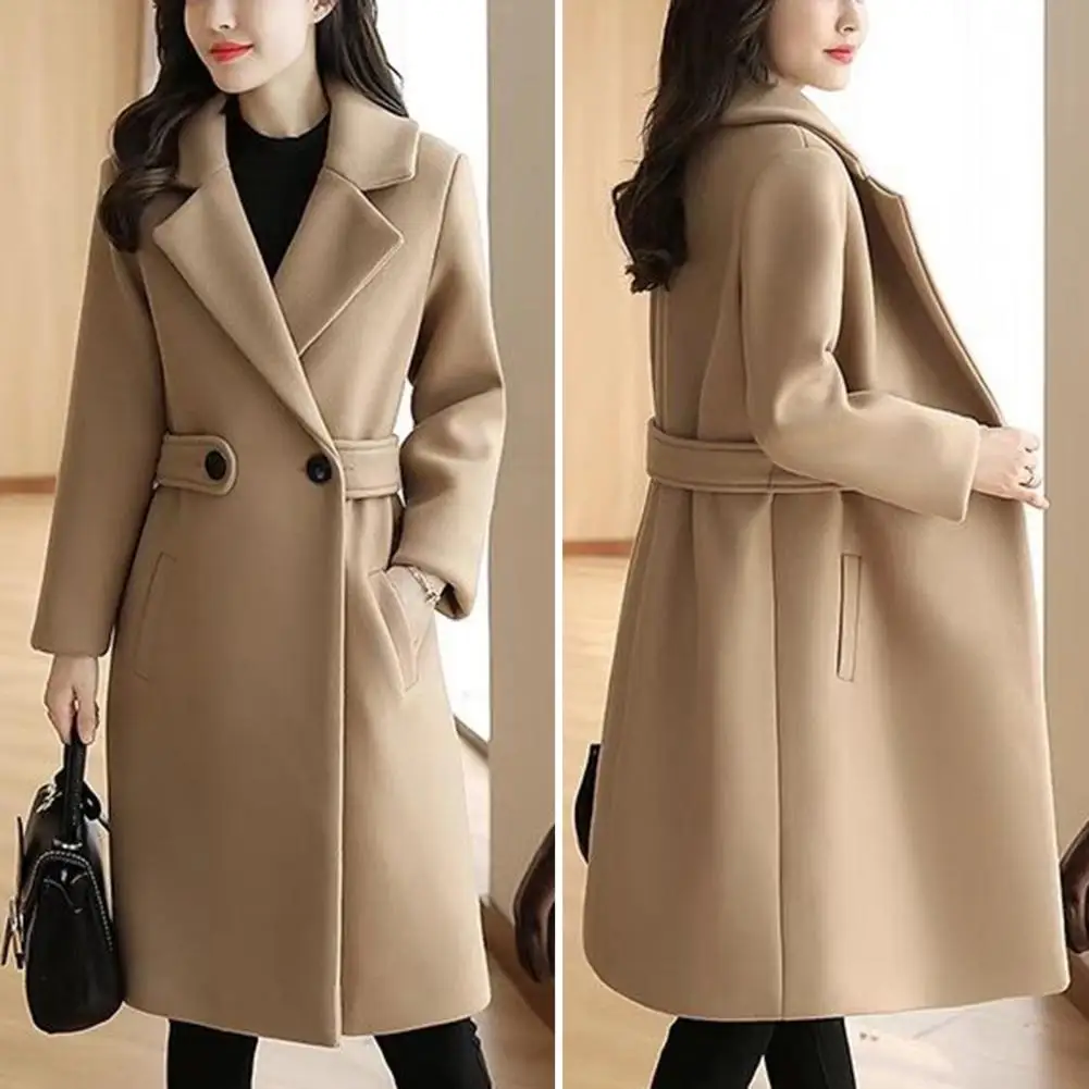 

Elegant Women Overcoat Stylish Mid-length Women's Overcoat Thick Solid Color Turn-down Collar Belted Button Closure for Fall