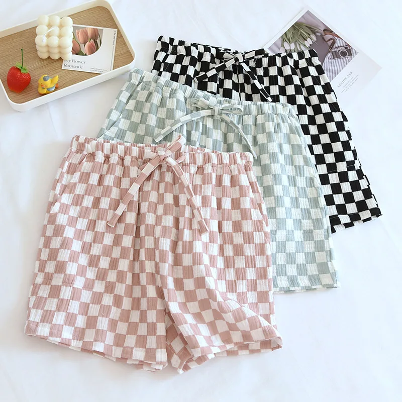 2023 Japanese Summer New Women's Pajama Pants 100% Cotton Crepe Simple Plaid Shorts Ladies Triple Pants Home Pants Cute bottoms