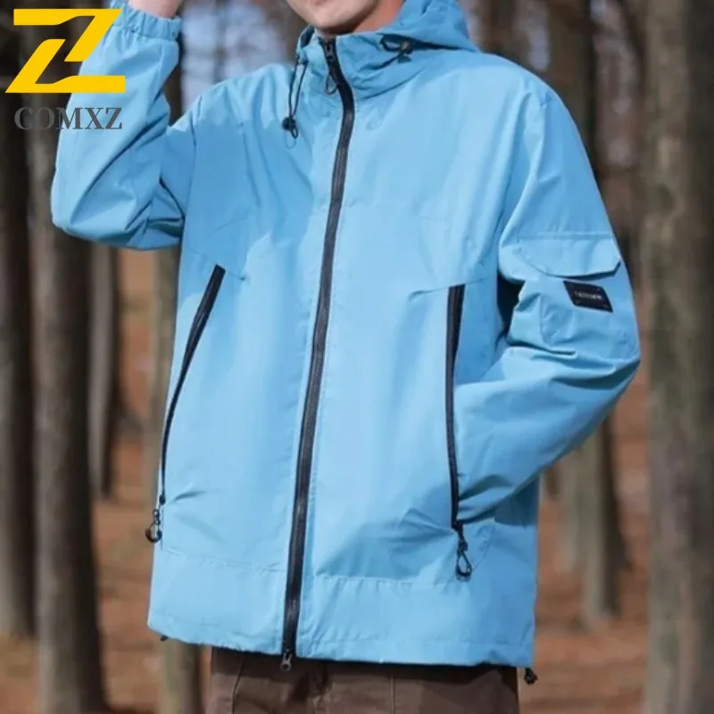 COMXZ Jacket Men Streetwear Waterproof Windproof Oversized Workwear Coat for Hiking Camping Fishing Hooded Outdoor Techwear2025