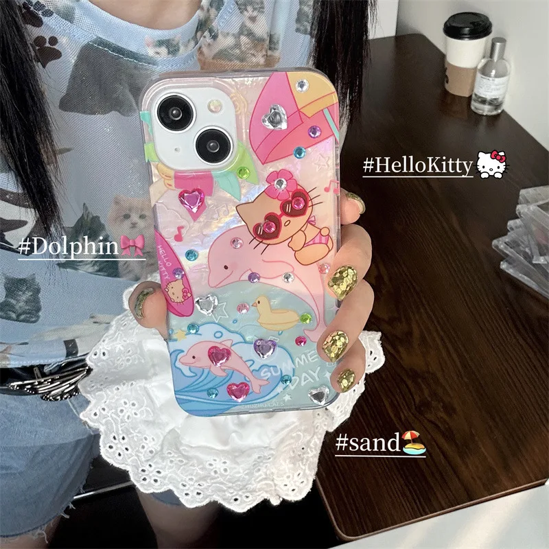 Iphone Case Hello Kitty Sanrio Sunglasses Pink dolphin rhinestone Phone Case For iPhone 15 14 13 12 11 Pro Max case cute cartoon Sweet Cover