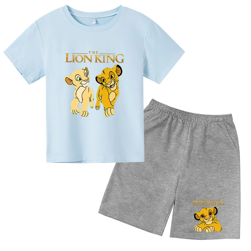 thumbnail image 1 of Conjunto de 2 piezas de camiseta y pantalones cortos con estampado de El Rey León Simba para niños y adolescentes, ropa informal de manga corta, traje de moda, 1 of 4