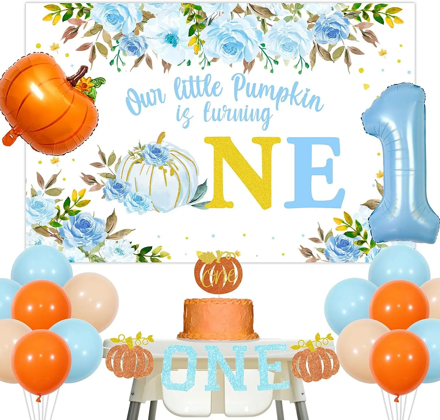 

Pumpkin 1st Birthday Decorations for Boys Our Little Pumpkin Is Turning One Backdrop Baby Blue Orange Balloons Highchair Banner