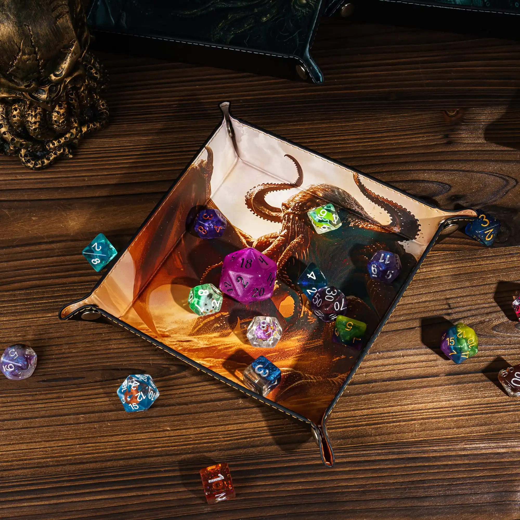 Dice Tray Foldable Square PU Leather Octopus Printed Dice Rolling Tray Holder for D&D Board Games Multiple Items Storage