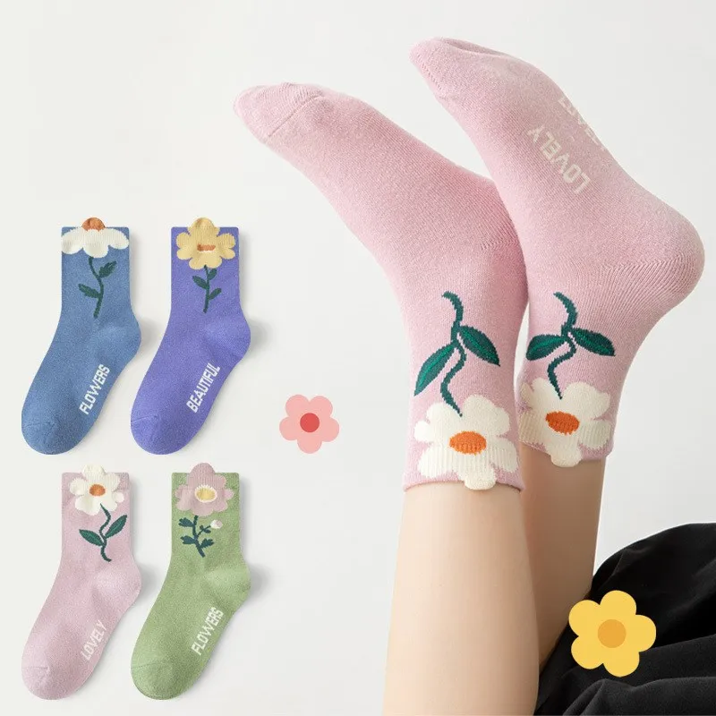 Kids Socks 4 Pairs/Lot Spring Summer Cotton Girls Socks Cute Flowers Pattern for Children Baby Little Girl Clothing Accessories