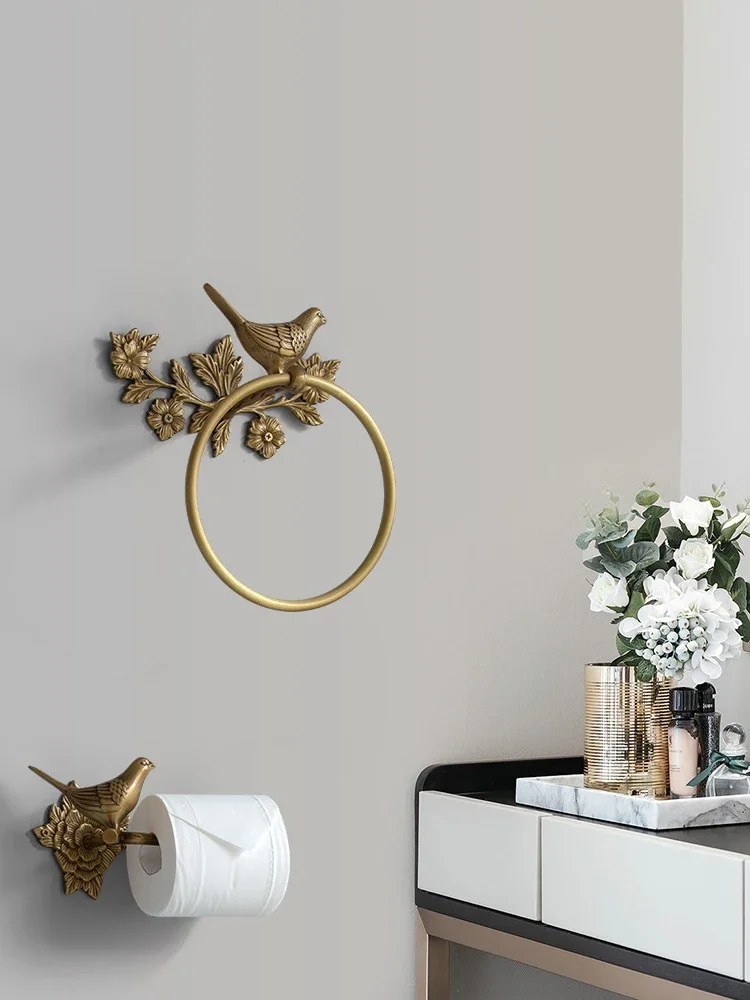 European Style Vintage Brass wall Hook Bird Towel Ring Bathroom Accessories Bath Towel Holder Paper Towel Organizer Wall hanging 4
