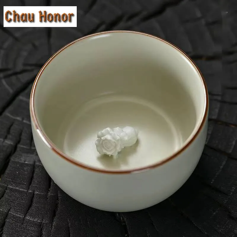 180ml Beige Ru Kiln Tea Cup Ceramic Inlaid Porcelain Flower Mascot Single Cup Master Cup Personal Tea Cup Gift Tea Cup Gift Box