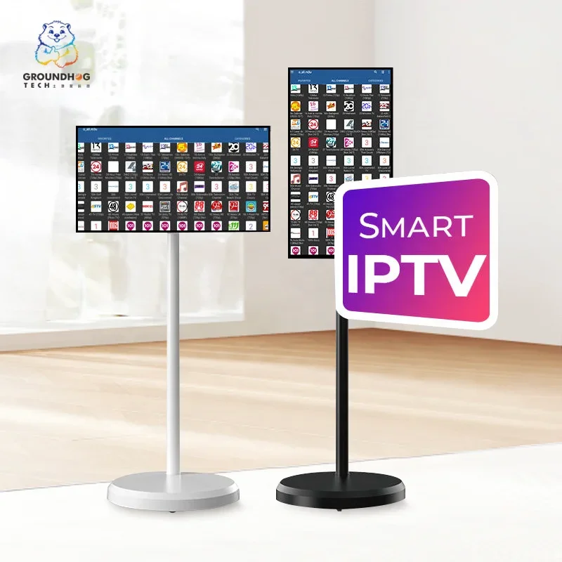 Free Standing Tv 21.5 Inch Touch Screen Portable Tv Smart Mobile Display Rechargeable 360 Rotating Stand Wireless Television