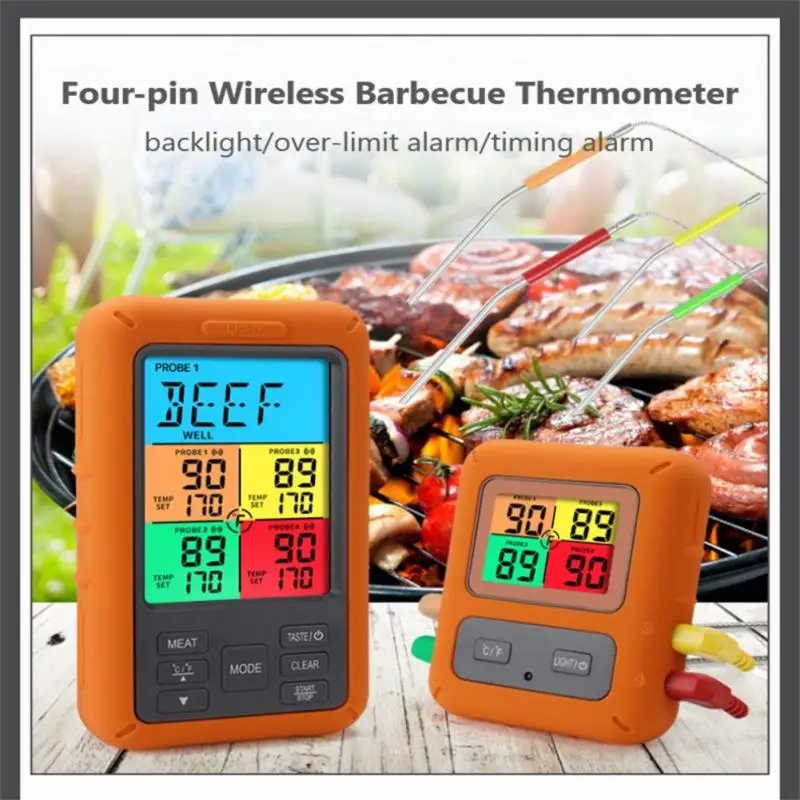 Color Screen Wireless Barbecue Thermometer Four-pin Digital Display Barbecue Food Thermometer Kitchen Oven BBQ Tools