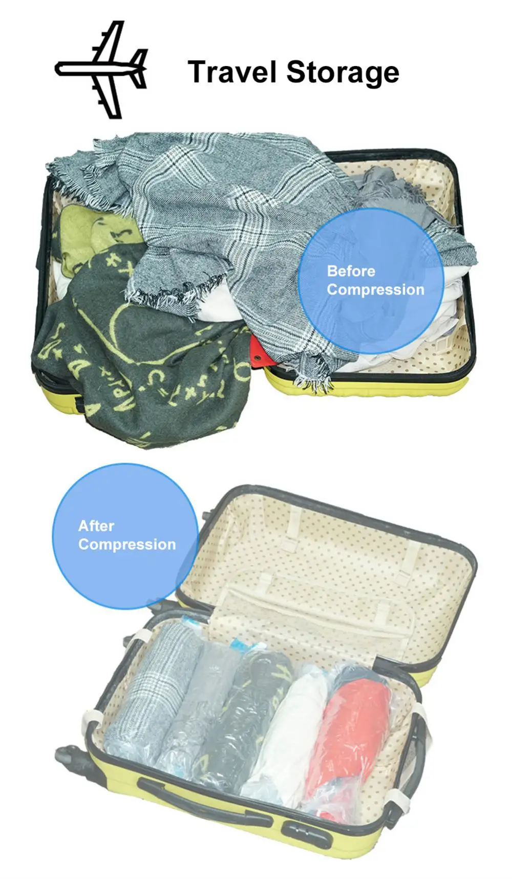 Description Picture 2 of item1/3PCS Reusable Travel Clothes Air Vacuum Bags Roll Up Compression Storage Bags For Suitcases Tops Pants Portable Foldable
