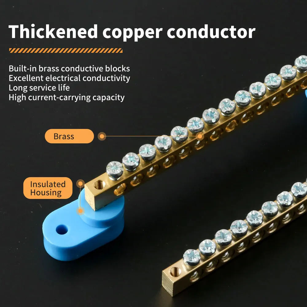 DIN Rail Terminal Block - Blue Bridge Type Copper Ground Bar with Multiple Hole Options