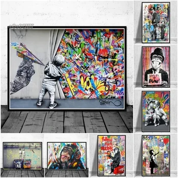 Pittura di arte della parete su tela astratta Banksy Graffiti Immagine artistica Divertente scimmia Street Pop Poster di arte della parete per l'arredamento della camera da letto di casa