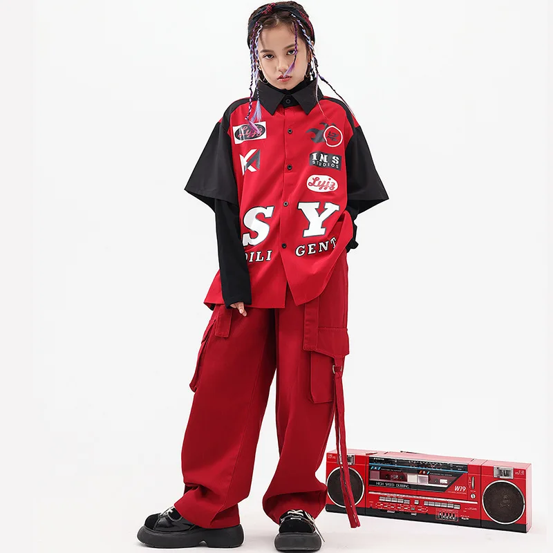 

Kid Hip Hop Clothing Short Sleeve Print Shirt Top Red Casual Street Belt Cargo Pants for Girl Boy Rapper Dance Costume Clothes