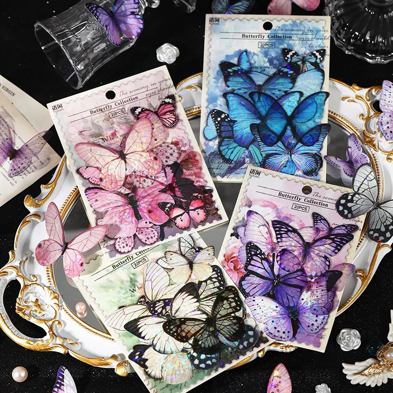 20Pcs/Pack Assorted Butterfly Laser Stickers Aesthetic Diary Scrapbooking Decorative Laptop Phone Labels Art Photo Album Supplie 60 sheets diary gold skull paper self adhesive flower transparent labels sticker scrapbooking diary aesthetic forcalendar travel