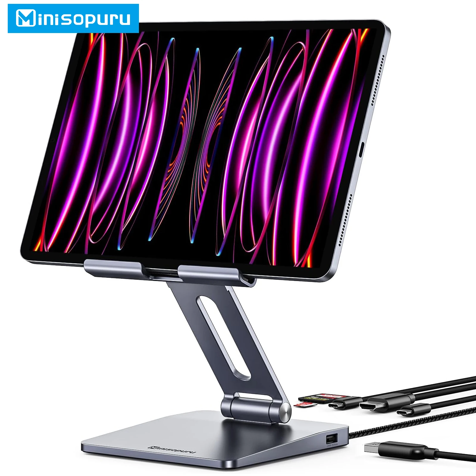 Minisopuru Ipad Usb Hub Supporto Pieghevole Con 4K Hdmi 100W Pd Sd/Tf Usb 3.0 Porte Ipad Hub Stand Per Ipad M2 M1 Pro Air Usb C Hub