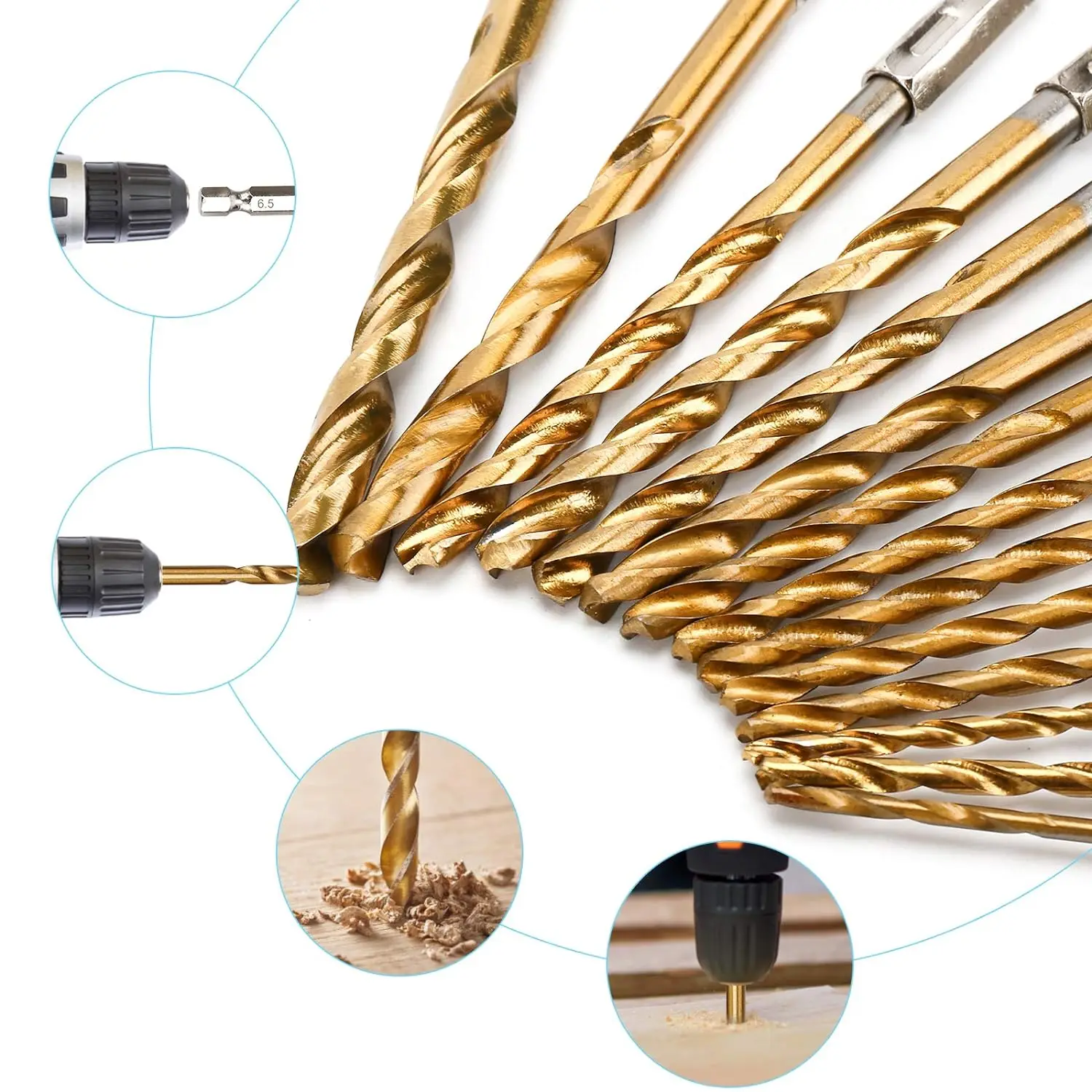 13PCS 1.5mm-6.5mm 드릴 비트 세트 티타늄 코팅 고속 강철 육각 생크 구멍 오프너 목재 플라스틱 알루미늄