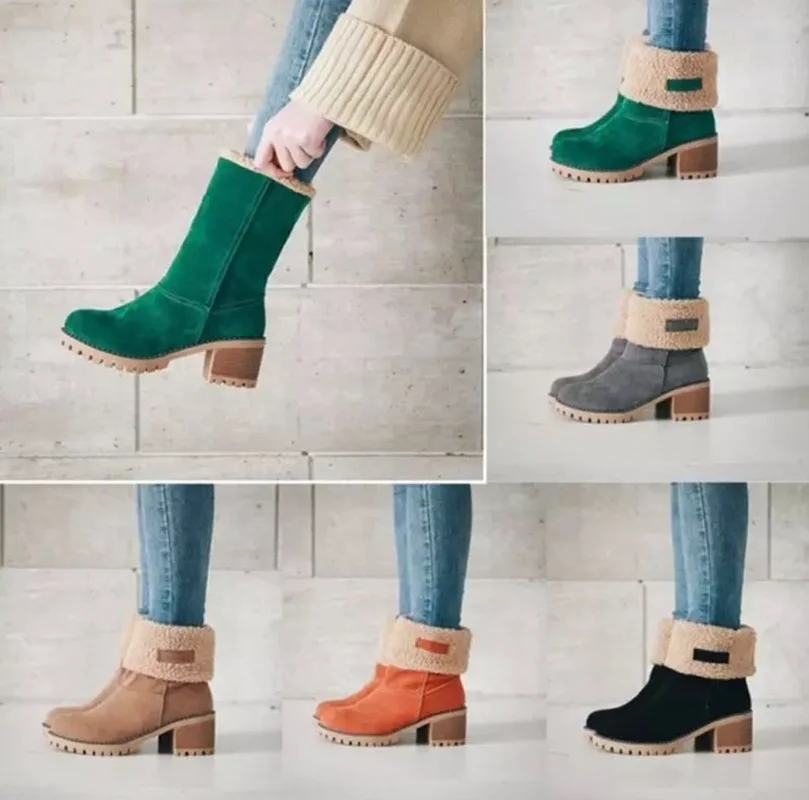 Winter Womens Black Beige Plush Lining Shoes Ankle Boots Med Heel Chunky Heels Shoes Warm Boot Metal Decoration Boots for Women