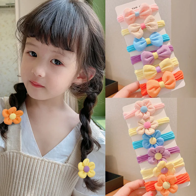 2022 New 6/pcs Kids Hair Rope Cute Bow Flower Hair Ring Candy Color Rubber Bands Hair Elastics Headband Girls Hair Accessories